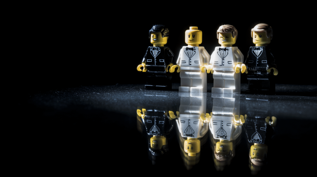 black-tie minifigs reflected on glossy surface