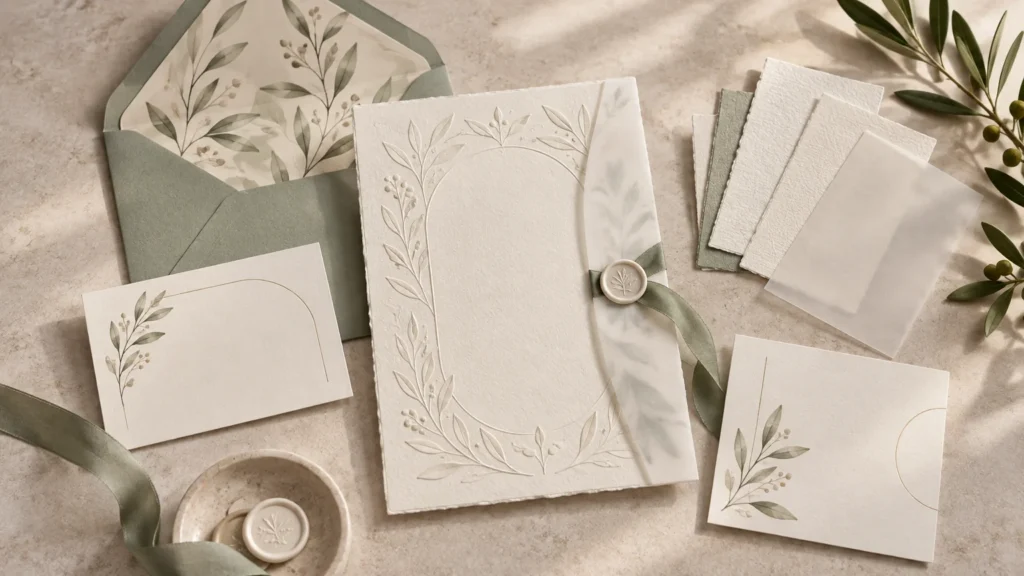 Overhead editorial arrangement of textured ivory wedding stationery with blank botanical-bordered cards, a sage-green envelope lined with leafy paper, matching ribbon and wax seals, layered paper swatches, and olive branches in soft natural light.