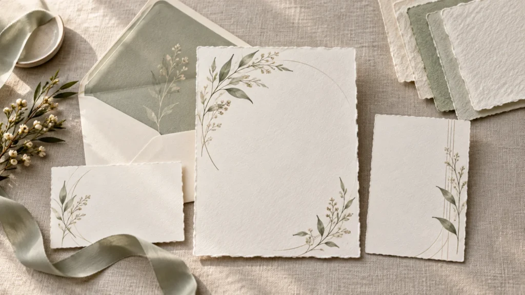 Overhead view of a coordinated handmade-paper wedding stationery suite with deckled edges, delicate green botanical illustrations, a sage-lined envelope, matching paper swatches, soft ribbon, and small sprigs of flowers on natural linen.
