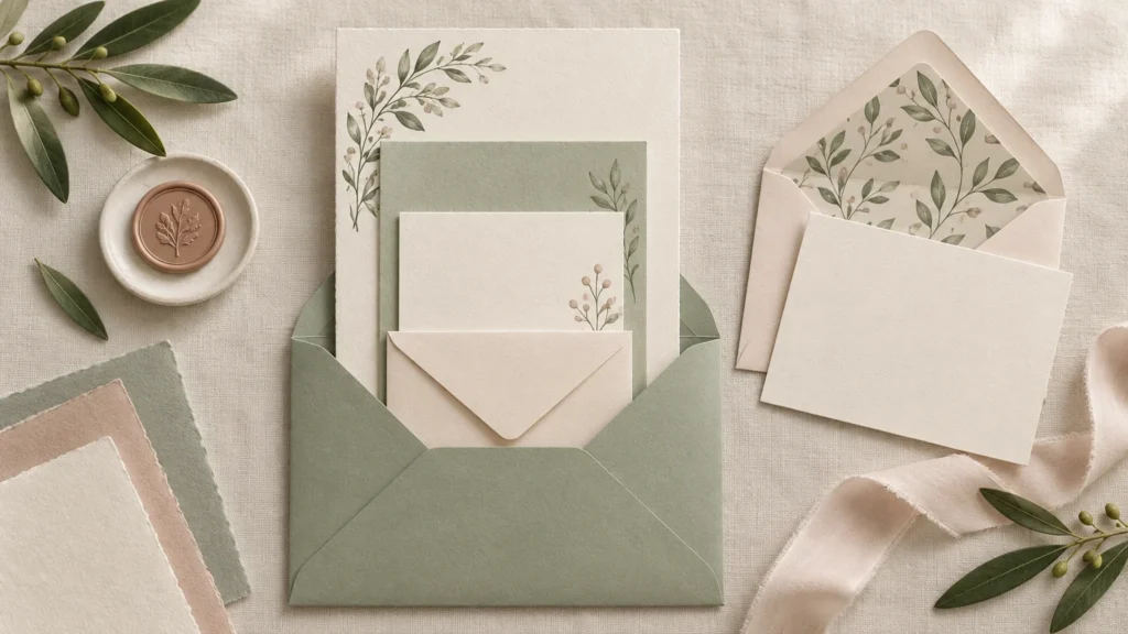 Overhead still life of a sage-green envelope holding layered blank cream and green wedding stationery with delicate botanical motifs, alongside an open lined envelope, handmade paper swatches, olive branches, ribbon, and a botanical wax seal.
