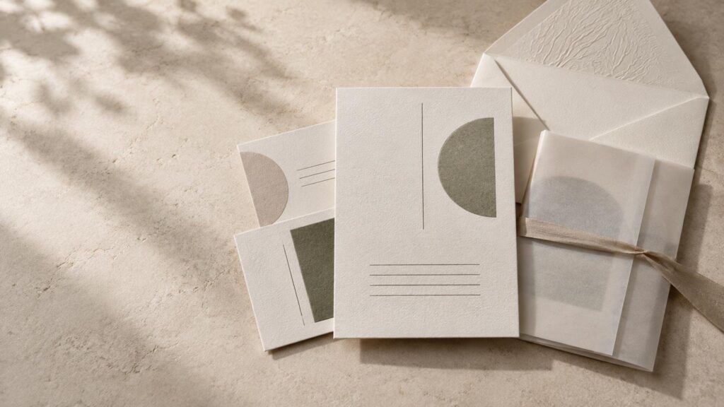 Minimalist wedding invitation suite arranged on a textured beige surface, with layered cream cards featuring muted green and taupe geometric shapes, a large envelope, translucent vellum wrap, and a tied beige ribbon in soft sunlight.