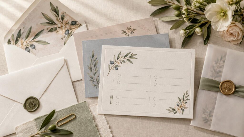 Overhead view of an elegant wedding RSVP stationery suite with cream, blush, and slate cards, botanical olive illustrations, layered envelopes, wax seals, ribbon, paper swatches, and white flowers on textured linen.