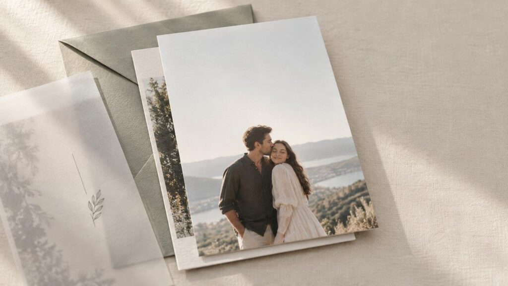 A photo save-the-date card showing a couple outdoors rests on layered cream paper and a textured gray envelope on softly lit linen fabric.