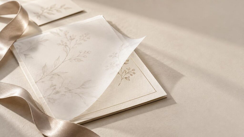 Translucent vellum sheet with delicate botanical artwork lifted over a cream wedding invitation suite, styled with champagne satin ribbon on a softly lit neutral surface.