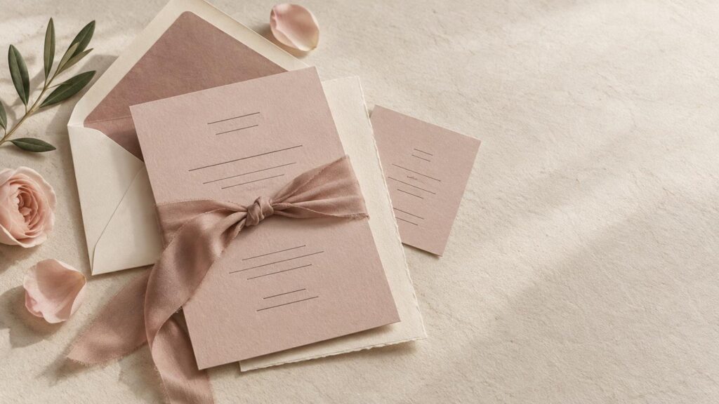 Dusty rose wedding invitation suite with a ribbon-tied card, cream envelope, matching insert, deckled paper, olive branch, and blush rose petals on a textured neutral surface.