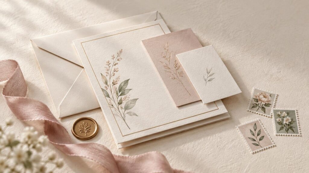 Elegant wedding invitation suite on textured cream fabric, with layered botanical cards, a pale envelope, blush ribbon, gold wax seal, and three floral postage-stamp-like pieces.