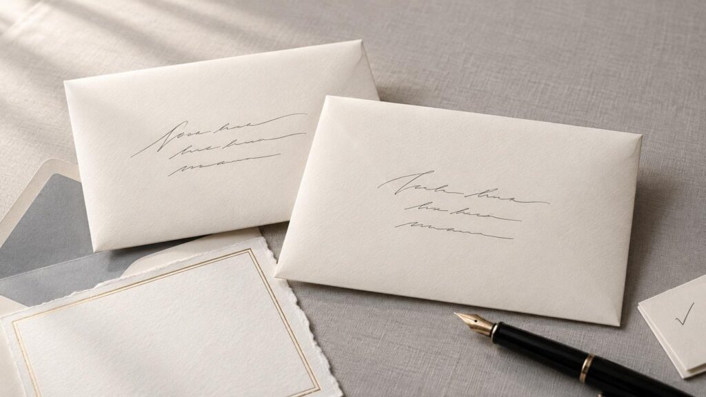 Two cream handwritten envelopes on textured gray fabric beside deckle-edged stationery, a gray envelope, and a black fountain pen.