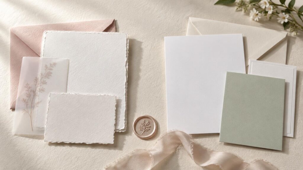 Editorial flat lay of blank wedding stationery materials: deckle-edge paper cards, pale pink and cream envelopes, a sage-green card, translucent vellum with a dried sprig, silk ribbon, small white flowers, and a botanical wax seal on a textured neutral surface.