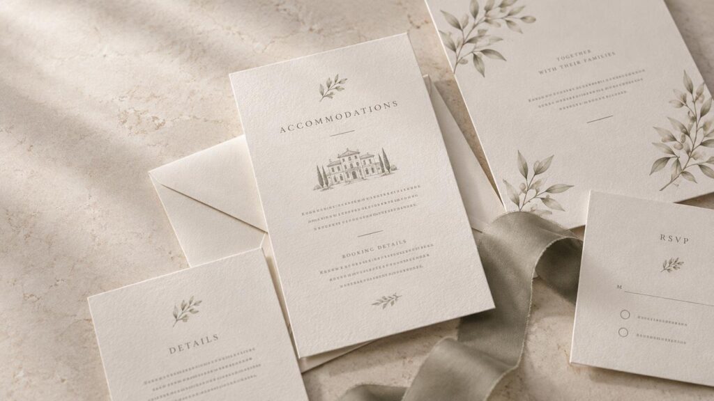 Editorial flat lay of cream wedding stationery on a stone surface, with an accommodation card, RSVP card, envelope, botanical illustrations, and a soft satin ribbon.